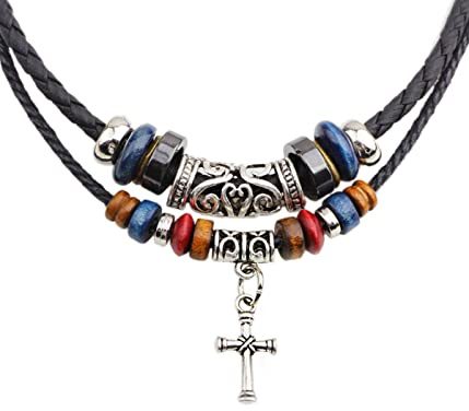 SCJJZ collar de cuero con colgante de personalidad cruzada para hombre