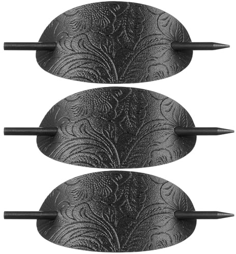 Beavorty 3 Pcs Leather Hair Barrette with Wood Stick, Oval Slide Pin for Women & Girls, Minimalist Bun Holder, Stylish Ponytail Clip for Thick Hair, Black Accessories Set