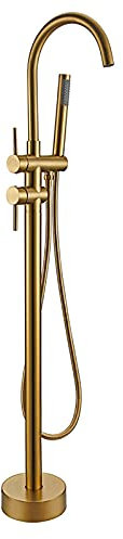 Gebürstetes Gold Freistehende Badewanne Armaturen Doppelgriff Bodenmontierte Badewanne Füller Messing Freistehende Badekräne mit Handbrause und 360° Drehbare Auslauf Dekoration
