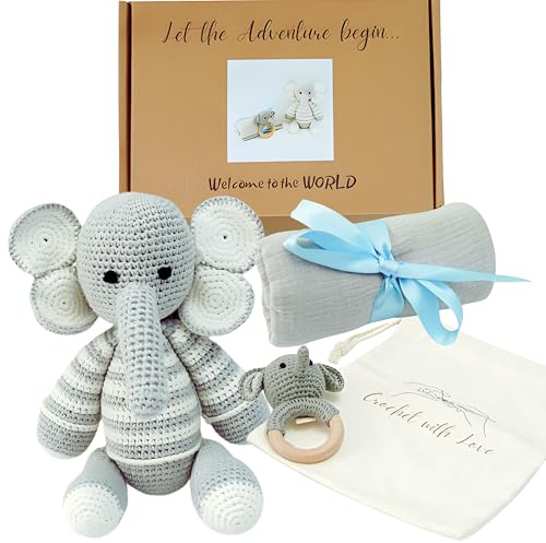 cometrade Baby-Geschenk-Set, 4er, Elefanten-Thema - Kuscheltier 26 cm, Baby-Rassel 11 cm, Badetuch & Beutel, handgefertigt für Jungen und Mädchen, mit Geschenkbox, für Neugeborene, Kleinkind