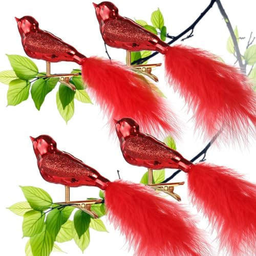 UNOLIGA Christbaumschmuck Vögel Glas, 4pcs Weihnachtsbaum Deko Rot Vogel mit Federn, Niedlich Weihnachtsbaumschmuck Künstliche Glas Vögel mit Clip