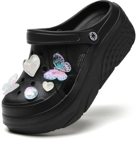 SECHRITE Womens Platform Clogs Garden Shoes with Strap Waterproof Slip On Slides Beach Pool Sandals Summer Mules Home Slippers Water Shoes Black Butterfly 41