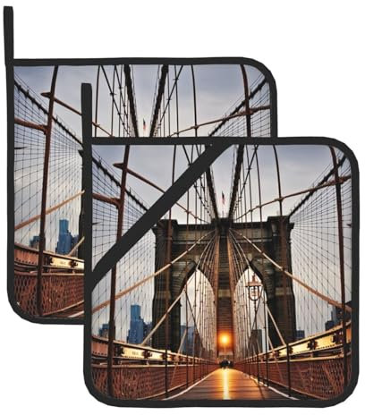 Topflappen mit Foto von Brooklyn Bridge, 2 Stück, hitzebeständig, verdickt, mit Schlaufe, wasserdicht, langlebig, Topflappen für Mikrowelle, Kochen, Backen, Ofen, Grillen, 20,3 x 20,3 cm