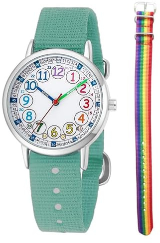 Reloj de pulsera analógico de cuarzo para niños y niñas, 2 piezas, correa textil intercambiable, hora de aprendizaje y lectura, Agua+verde