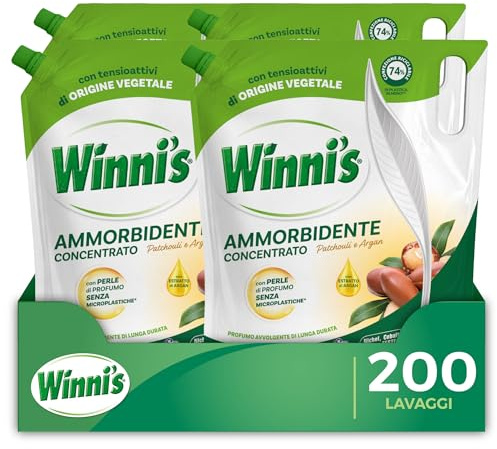 Winni's Ammorbidente Lavatrice, Patchouli e Argan, 200 Lavaggi, 1250 ml x 4 | Per capi più morbidi e profumati, ideale per le pelli più sensibili. Ipoallergenico, concentrato e con perle di profumo.