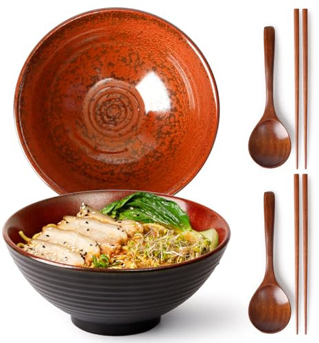 NUTRIUPS 1000ml Ramen Bowl De Cerámica 2 Juegos Tazón de Ramen con Palillos y Cuchara, 20cm Cuencos Cerámica Sopa (Agate Red)
