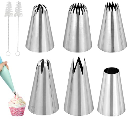 6 professionelle Spritztüllen aus Edelstahl, Spritztüllen für die Dekoration von Cupcakes, mit 1 x Reinigungsbürste (1 m, 2D, 4B, 1 A, D66 und 108E)