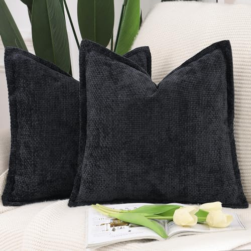 Madizz 2er Set Chenille Samt mit Rand Kissenbezüge Weiche Dekorativ Zierkissenbezüge Modern Kissenhülle für Sofa Wohnzimmer Schlafzimmer Schwarz 50x50 cm