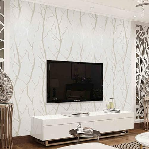 Trafagala Cream White Wallpaper 3D Embossed Striped Feature Branch Glitter Wallpaper Flocking Textured Modern Minimalist for Bedroom Living Room TV Backdrop Hallway Hall Lounge