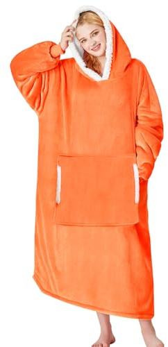 yescool Tragbarer Kapuzenpullover, Geburtstagsgeschenke für Erwachsene/Frauen/Mutter, Flanell, gemütlich, Sherpa-Fleece-Decke, Sweatshirt mit Kapuze, Tasche und Ärmeln, Größe L, Einheitsgröße (Orange)