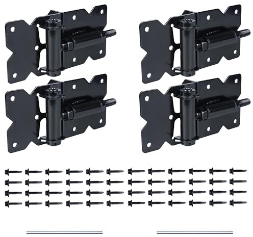 Selbstschließende Torscharniere, robustes Hardware-Set, 90 Grad verstellbares Schwingscharnier, für Holz-/Vinyl-Zauntor, mit selbstschneidenden Schrauben und Einstellwerkzeug, 4 Stück, Schwarz