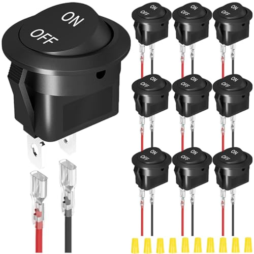 MKBKLLJY 10St. Runder Wippschalter 12V DC ON Off Schalter Kreis Schwarz Kippschalter 2Pin SPST 2Position 6A/250V 10A/125V AC 20mm Mini Wippschalter mit Klemme Drähte Verdrahtung Kappe für Auto