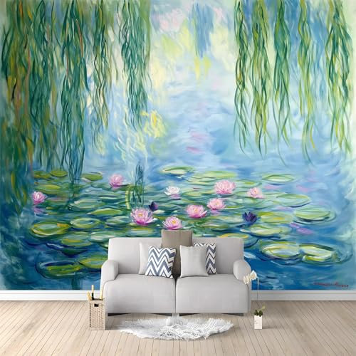 Photo Wallpaper Claude Monet Style Water Lilies Blue-Green Wall Murals for Bedrooms Living Room Children Nursery Wall Mural Art Decor Wall Decoration Paper Poster 250x175 cm