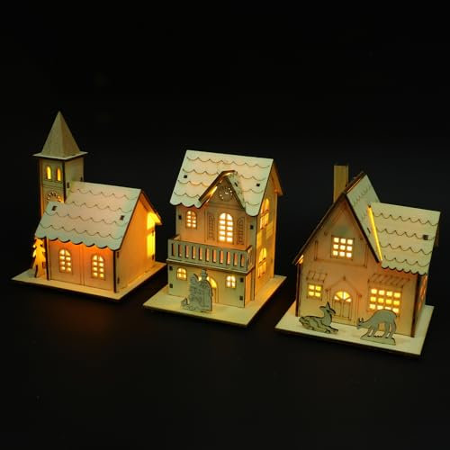 Operitacx 3 Stück Holzhäuser Zum Basteln DIY-Weihnachtsdorf Bemalbares Weihnachtsdorf Unvollendetes Holzhaus Für Weihnachtliche Tischdekoration