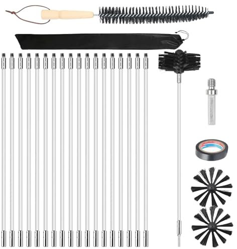 24 Pcs Chimney Cleaning Brush Kit, Duct Vent Cleaning Set with 2Pcs 6 Brush Head+18 Flexible Nylon Rods+Wood Long Brush+Storage Bag, for Fireplace, Dryer Vent, Sewage Pipe, Fume Hood
