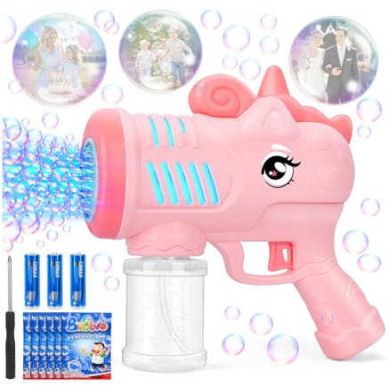 Seifenblasenmaschine, KETIEE Einhorn Seifenblasenpistole Kinder, Seifenblasen Pistole mit 6 Seifenblasen Flüssigkeit, Bubble Gun Machine mit Licht Einhorn Seifenblas Spielzeug Geburtstag Party, Rosa