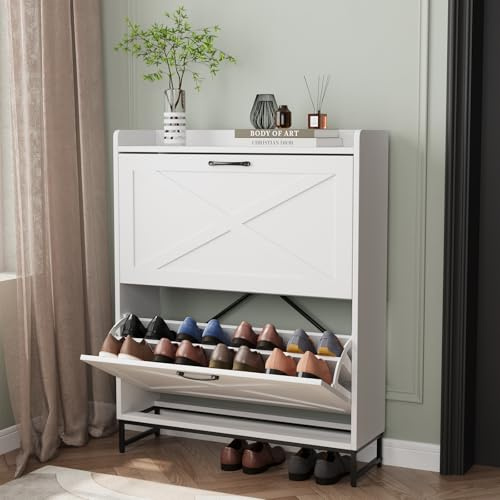 VOWNER schmal Schuhschrank 2 Klappen, verstellbar Schuhregal Schuhkipper, platzsparend Schuhablage für Flur, Schuhaufbewahrung 80 x 24 x 101 cm, 12–16 Paar Schuhe, Weiß