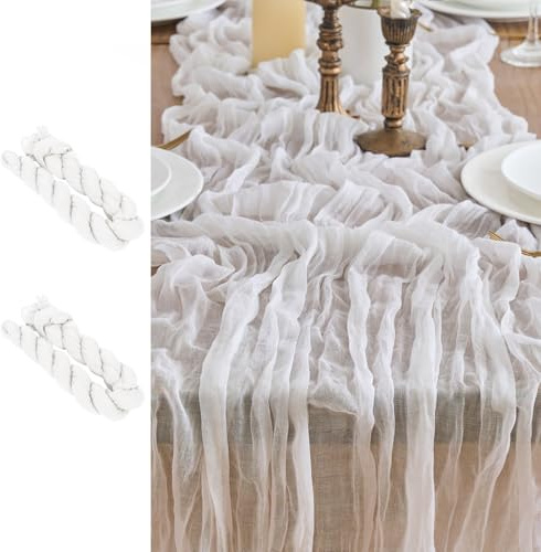 LUKDUNG 2 Stück Tischläufer, Seihtuch Tischläufer, Boho Gaze Stoff Käsetuch, Rustikaler Tischdecke für Hochzeitsdeko Tischdeko, 90 x 300 cm (Weiß, 90 x 300 cm, 2 Stück)