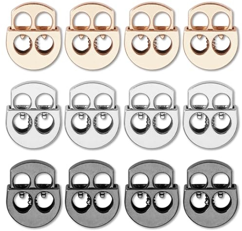 12 Stück Kordelstopper 2 Loch, 2 Cm Legierung Kordelklemme Federschnurschlösser 3 Farben Doppelloch Kordelklemme Stopper Schnellverschluss Schnurstopper für Lanyard, Kleidung, Rucksack, Schuhe, Zelt