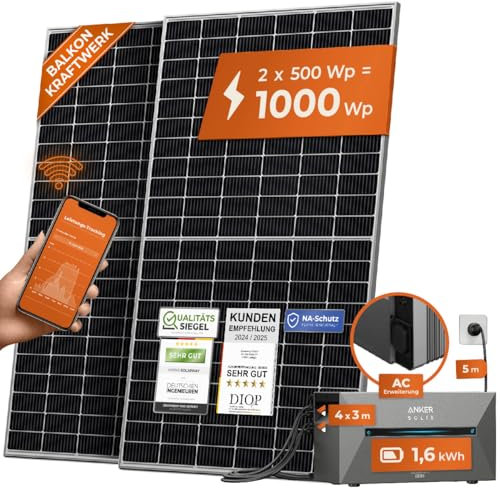 Solarway® All In One Balkonkraftwerk mit Speicher 1000W komplett Steckdose - 1,6-3,2 kWh Anker Solix 2 AC Speicher - Erweiterungsset für Ihr Balkonkraftwerk (Ohne Halterung, 1,6 kWh)