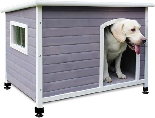 40 Wooden Outdoor Dog Houses, Waterproof Dog House Outside with Window & Door Flap Waterproof Dog House Outdoor Indoor, Assemble Easily-Grey