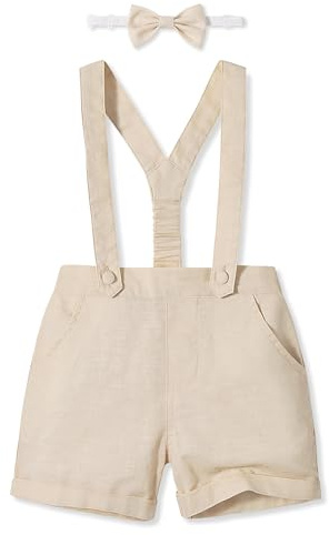 Volunboy Bebé Niño Pantalones Cortos con Tirantes, Verano Lino Shorts con Pajarita 3 Piezas(Caqui Claro,18-24 Meses,Tamaño 90)