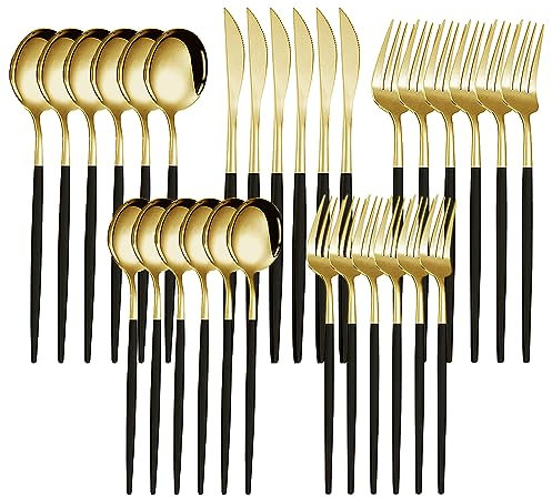 Black Gold Cutlery Set, 30Pcs Stainless Steel Silverware Set for 6, Elegant Tableware Set with Black Handle Knife Fork Spoon, Durable & Rust-Resistant, Dishwasher Safe Dinner Set for Home