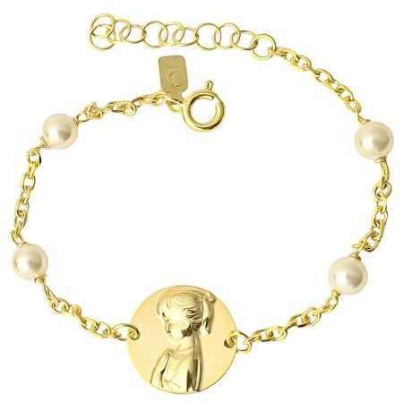 Inmaculada Romero IR Virgen Niña Pulsera Plata Ley 925m chapada oro 15cm. Primera Comunión 4 perlas 5mm. medalla 15mm.
