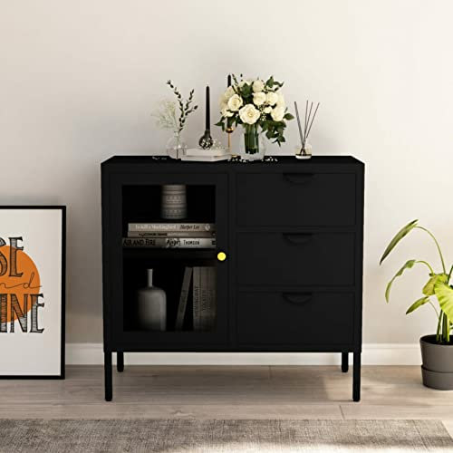 Gecheer Sideboard Schwarz 75x35x70 cm Stahl und Hartglas, Kommode Anrichte Schrank Beistellschrank Mehrzweckschrank Standschrank Bücherschrank Lagerschrank