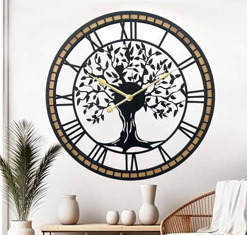 Grande orologio da parete per soggiorno, decorazione da 45,7 cm, motivo albero della vita, decorazione da parete in metallo, senza ticchettio, funzionamento a batteria, per cucina/camera da letto