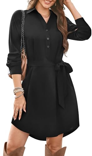 Florboom Damen Hemdkleid Elegant V Ausschnitt Langarm Kleider Herbst Freizeitkleid mit Knöpfen (Schwarz, L)