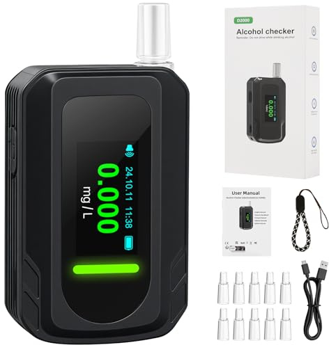 woeaozy Etilometro elettronico - Etilometro con sensore elettrochimico e Comando a 1 Pulsante, etilometro con 10 boccagli, Test alcolemico preciso della Polizia