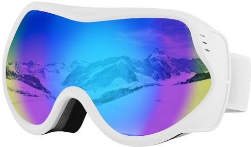 SPEEDEVE Lunettes de Ski Masques Snowboard OTG réglables Anti-UV Antibuée Compatible avec Casque pour Homme Femme pour le snowboard, l'alpinisme, la motoneige,Blanc/Bleu (VLT30%)