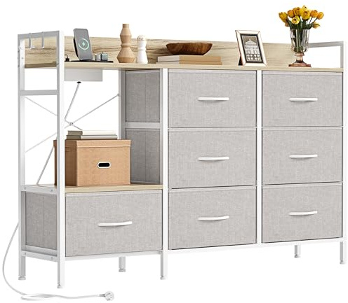 YITAHOME Kommode Schlafzimmer mit 7 Stoffschubladen, Kommode mit 2 Steckdosen, 2 USB-Anschlüssen und LED-Lichtleiste, TV-Schrank mit seitlichen Haken,Off White