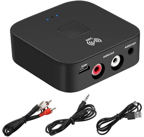 5.0 Bluetooth Audio Receiver Adapter with 3.5mm AUX & RCA Inputs NFC | Wireless Bluetooth Extender for Car, Laptop, Speaker, Stereo, Amp, Audio Headphone. Receiver with Dual Interface.