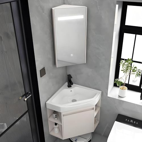 Meuble de Salle de Bain d’Angle avec Lavabo – Montage Mural, avec Miroir, Robinet, Accessoires & Rangement – Idéal pour Petits Espaces(48cm)