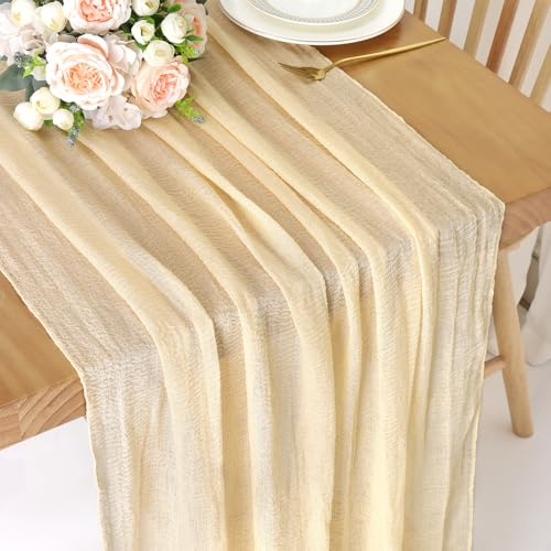 ASTNIC Boho Gaze Käsetuch Tischläufer Beige, 80x300 cm Musselin Stoff Läufer für Hochzeitsdeko, Deko Wohnzimmer, Esstisch und Hausbett Himmel, Tischläufer Modern für Weihnachts Tischdeko, Party Deko