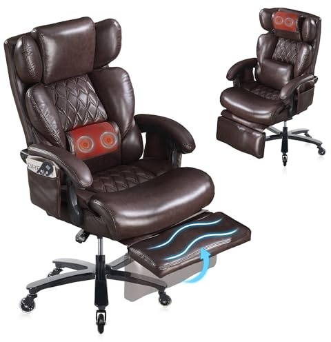 DEKKETO PU-Leder XXL Massage Chefsessel Bürostuhl mit Fußstütze, Braun | 3 abnehmbare Kissen, Wärme- und Vibrationsmassage, Rückenlehne 100°-160°, 2 große Seitentaschen, leise Rollen, bis 225 kg