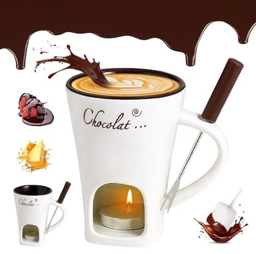 Tasse à Fondue au Chocolat, 130 ML Services à Fondue au Chocolat, Tasse à Fondue au Chocolat en Céramique, Tasse à Fondue avec Fourchette et Bougie À Thé, Tasse à Fondue pour Bonbons et Chocolat
