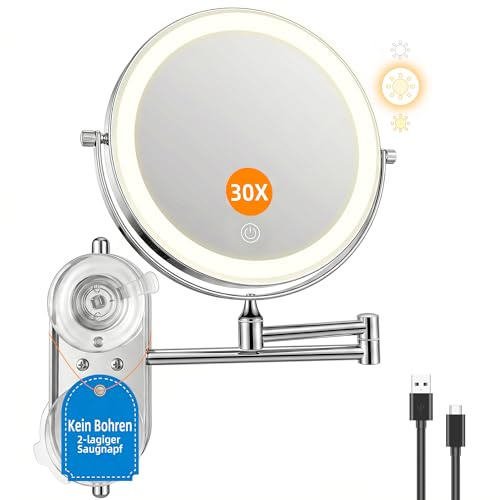 ICARE 4000mAh Kosmetikspiegel mit Beleuchtung Wand - 30 Fach Vergrößerungsspiegel mit Saugnapf - 8 Zoll Wiederaufladbar Edelstahl Spiegel - Dimmbarer Rasierspiegel 3 Farben für Badezimmer und Hotel