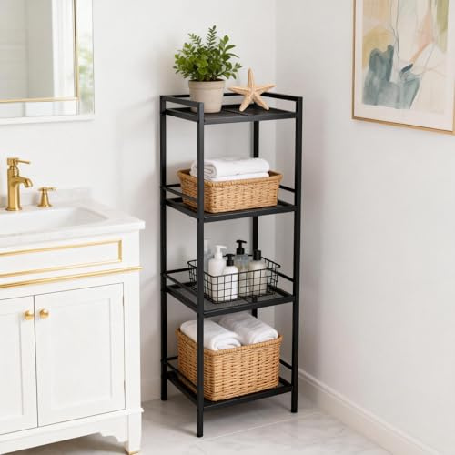 Lidzopas 4-Tier Carbon Steel Metal Bathroom Rack Freestanding Kitchen Storage Organizer with Drawer, Rustproof Black Ladder Shelf, Modern Electroplated Display Stand, Space-Saving Shelving Unit Black