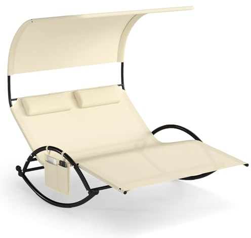 COSTWAY Sonnenliege für 2 Personen, Doppelliege mit Dach, Seitentasche und 2 abnehmbaren Kopfstützen, Gartenliege, Schaukelliege bis 300 kg belastbar, Relaxliege für Garten, Terrasse (Beige)