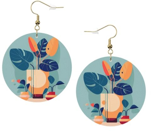 Blue Orange Monstera Print Leather Earrings Trendy Round Drop Earrings, Lightweight Dangle Jewellery for Women