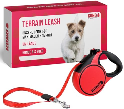 KONG Terrain Retractable Leash 5m bis 20KG Klein S | Automatische 5m Hundeleine für Klein Hunde bis 20KG mit Softgriff, Brems- und Feststellsystem sowie reflektierendem Band.