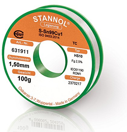 Stannol loetdraht tipo HS10 lega TC sn99cu1, 1,5 mm, 100 G, bobina da 1 pezzi, 631911