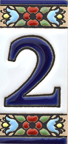 ART ESCUDELLERS Numéro Maison. Carreaux céramique Peints à la Main avec Technique Corde sèche (cuerda seca). Noms, Directions et signalisation. Dessin Flores Mini 7,3 cm x 3,5 cm. (NUMÉRO Deux 2)
