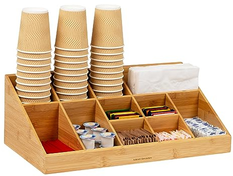 Mind Reader COMORGBM-BRN Station, Org, Coffee Bar 11-Compartment, Bamboo Cup, Lid and Condiment Storage, Countertop Organizer, 18.125 L x 9.5 W x 6.5 H, Brown