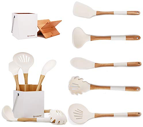 Casasunco Ustensiles de Cuisine 5 pièces avec essuie-tout en bois de hêtre et en silicone – pratique professionnel résistant à la chaleur antiadhésif durable – Turner, cuillère, louche. Blanc crémeux