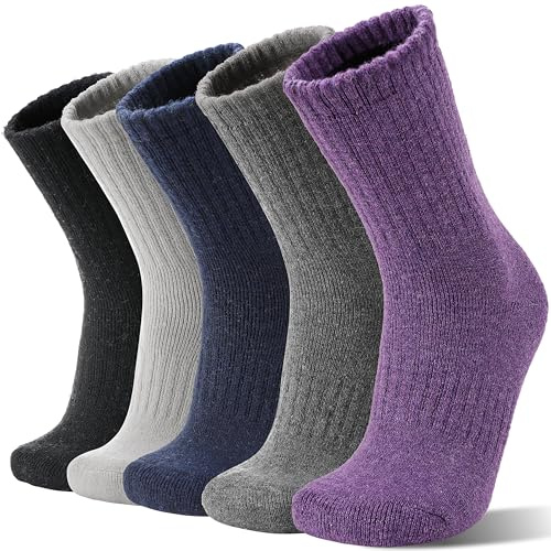 Sandsuced Merino Wool Socks for Women Hiking Warm Winter Thick Boot Thermal Cozy Crew Work Soft Ladies Socks Gift 5 Pack Stocking Stuffers（ Purple/Blue/Black/Grey/Dull Grey）
