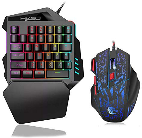 HXSJ J50 Clavier pour jeux à une main 35 touches Rétroéclairage LED Souris pour jeux avec câble et lumière de respiration 5 500 ppp Combo de 7 boutons de clavier et souris